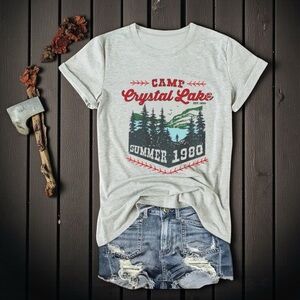 CAMP CRYSTAL LAKE Friday the 13th gray crewneck t-shirt S • XL new NWT